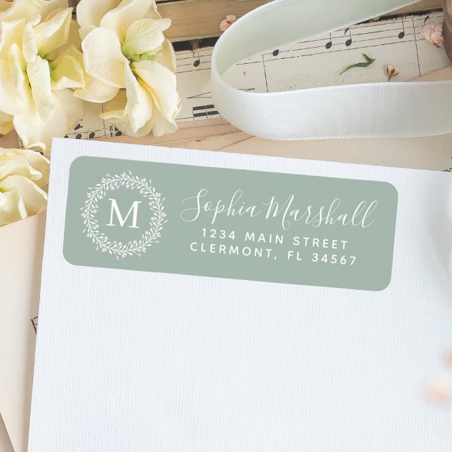 Modern Sage White Monogram Return Address Label (Creator Uploaded)