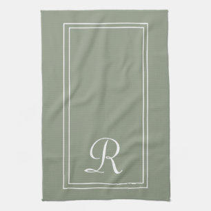 Modern Sage & White Stripe Monogram Personalised  Tea Towel