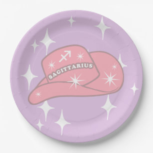 Modern Sagittarius Zodiac Cowgirl Hat Lilac Paper Plate