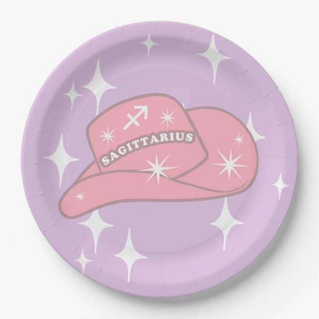 Modern Sagittarius Zodiac Cowgirl Hat Lilac Paper Plate (Front)