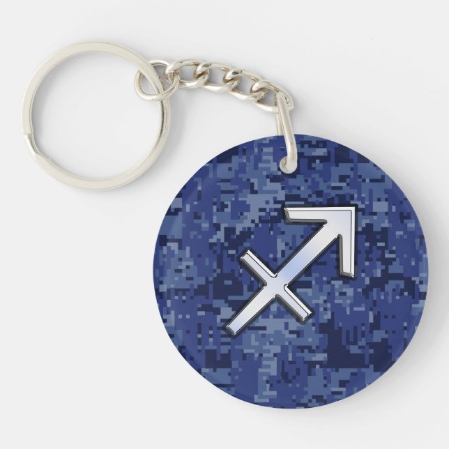 Modern Sagittarius Zodiac Sign Navy Digital Camo Key Ring (Front)