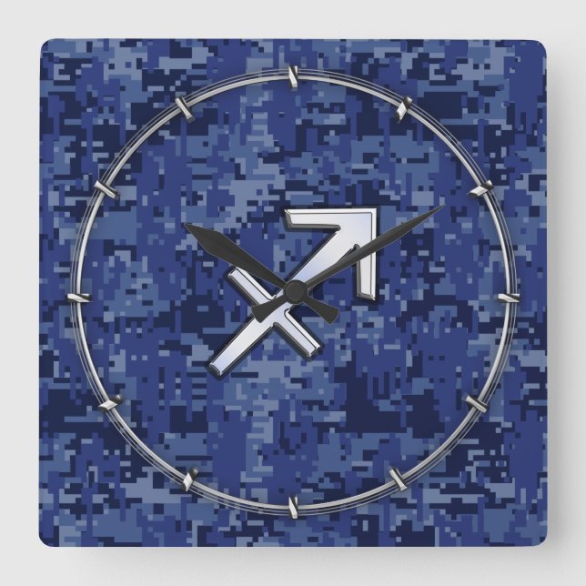 Modern Sagittarius Zodiac Sign Navy Digital Camo Square Wall Clock (Front)