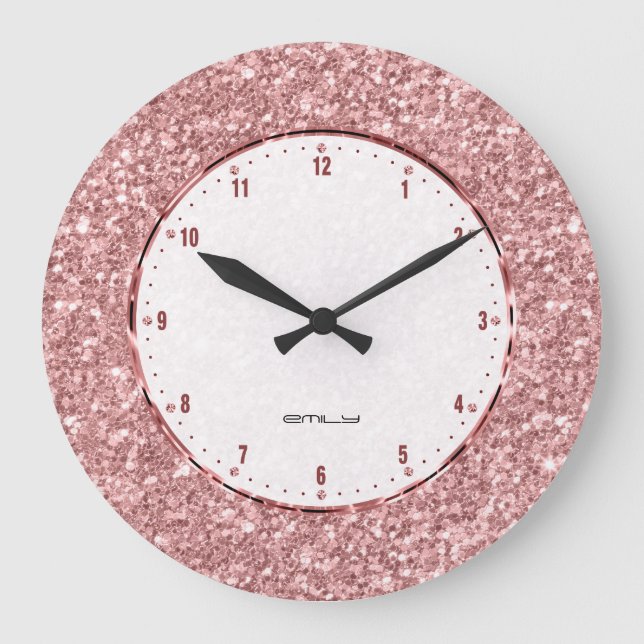 Modern Salmon Pink Glitter Texture Large Clock (Front)