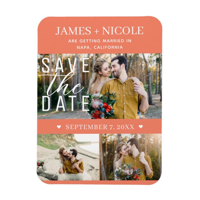 Modern Salmon Pink Save the Date Wedding 3 Photos Magnet (Vertical)