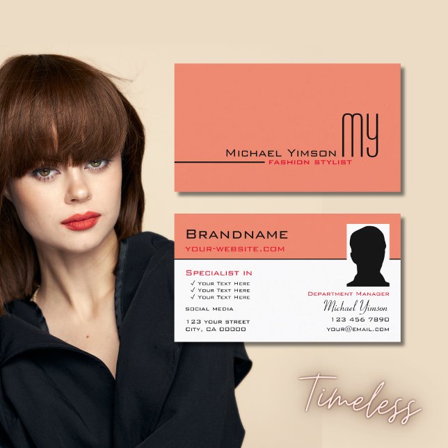 Modern Salmon White Coral with Monogram and Photo Business Card (Creator Uploaded)