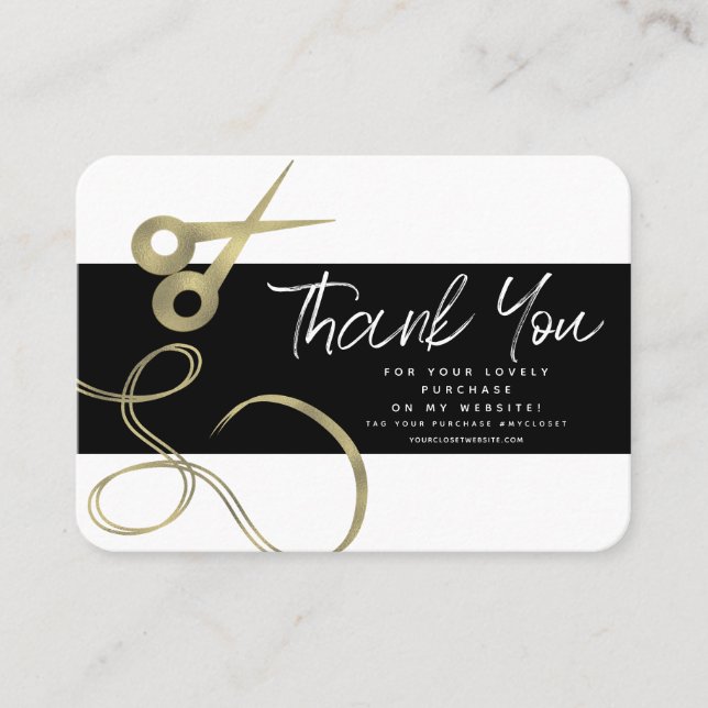 Modern Salon Beauty Thank You Logo Scissor Gold Business Card (Front)