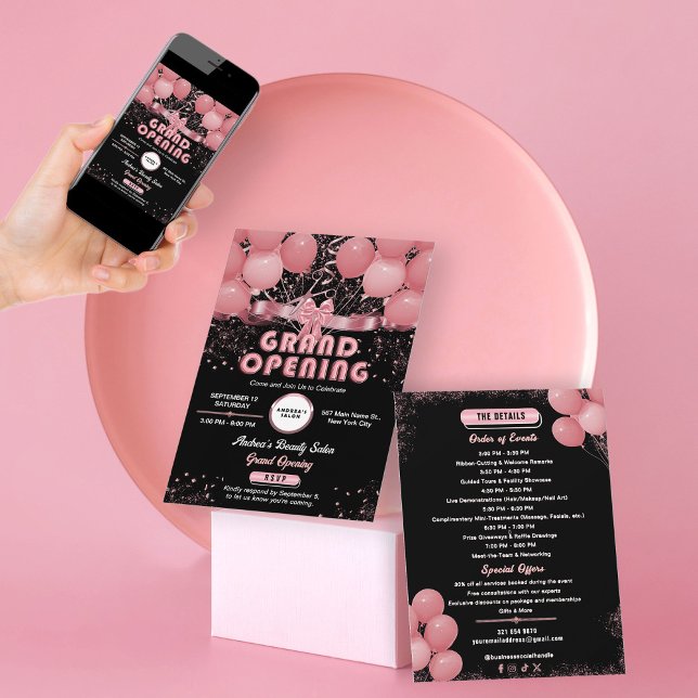 Modern Salon Business Grand Opening Black Pink  Invitation (Creator Uploaded)