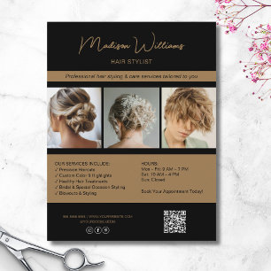 Modern Salon Hair Stylist Services QR Black Gold Flyer