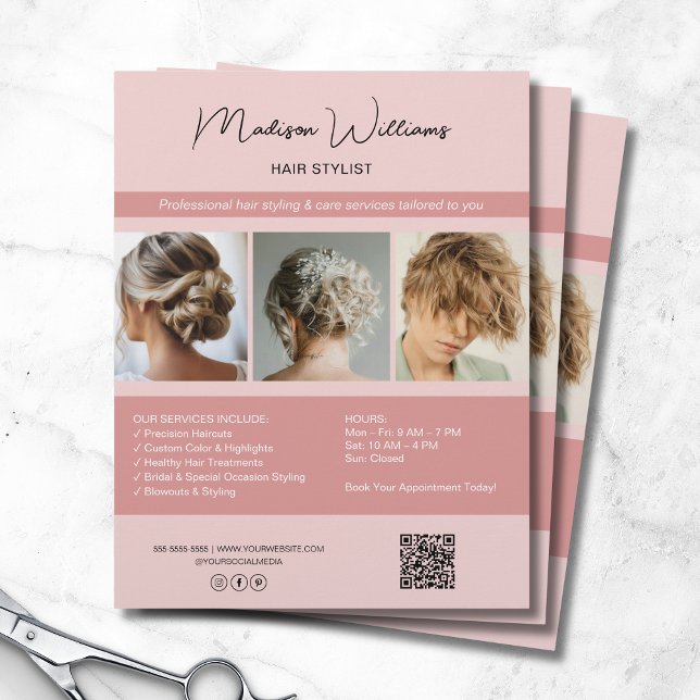 Modern Salon Hair Stylist Services QR Pink Flyer (Modern Salon Hair Stylist Services QR Pink Flyer)