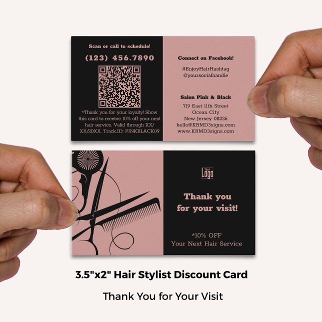 Modern Salon Logo QR Code Pink Black Thank You  Discount Card (Modern Salon Logo QR Code Pink Black Thank You Discount Card; Standard Size: 3.5x2 Inch (US))