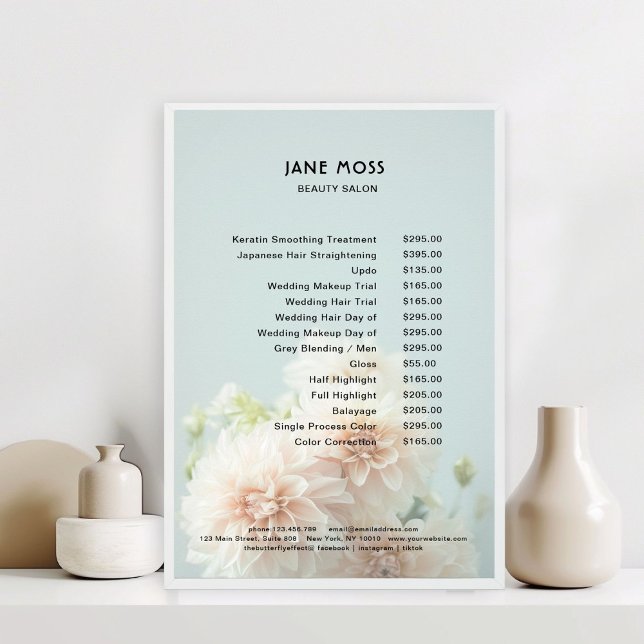 Modern, salon, Peony Flowers Price List Poster (Peony Flower Salon Price List Poster)