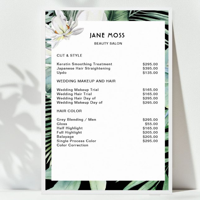 Modern Salon Watercolor Tropical Price List     Poster (Modern Salon Watercolor Tropical Price List Poster)