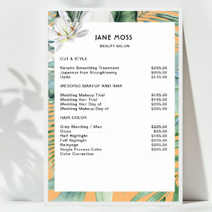 Modern Salon Watercolor Tropical Price List Poster