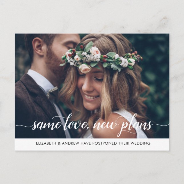 Modern Same Love New Plans Change of Date Photo Announcement Postcard (Front)