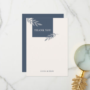 Modern Sample Blue Leaves Blank Wedding  Thank You Card