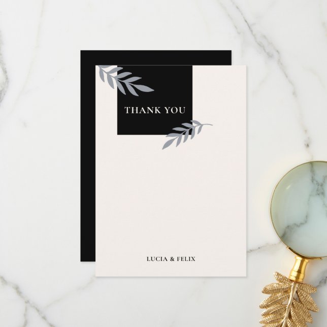 Modern Sample Leaves Black Blank Wedding  Thank You Card (Front/Back In Situ)