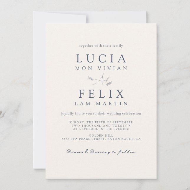 Modern Sample Leaves Delicate Dusty Blue Wedding Invitation (Front)