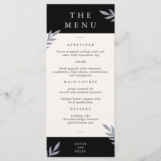 Modern Sample Leaves Distressed Black Dinner Menu (Front)