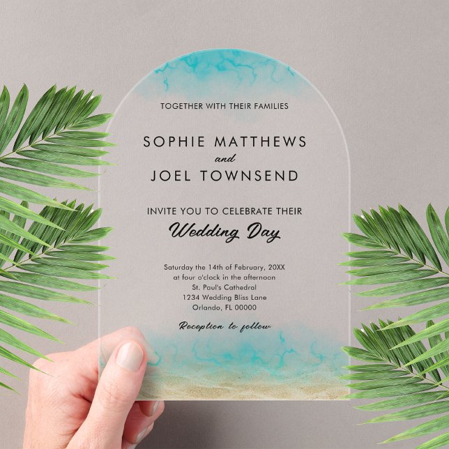 Modern Sand and Sea Teal Beach Themed Wedding Acrylic Invitations (Creator Uploaded)
