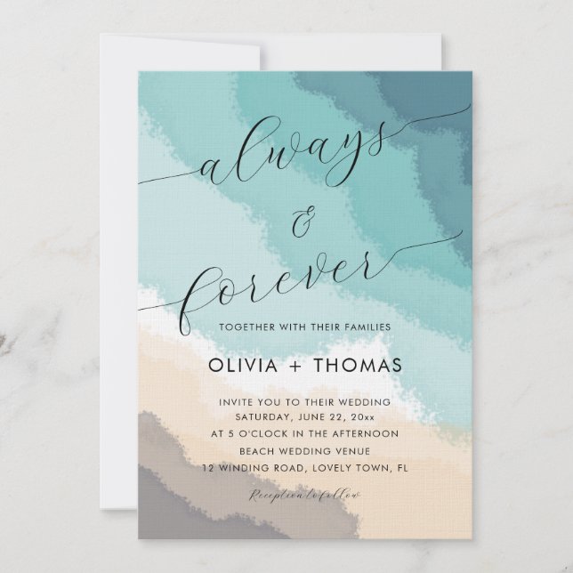 Modern Sand Beach Waves Always Forever Wedding Invitation (Front)