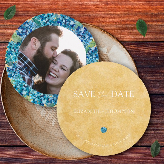Modern Sand Blue Hydrangea Round Wedding Save The Date (Creator Uploaded)