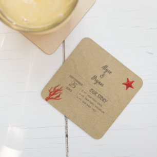 Modern Sand & Coral Personalised Wedding Square Paper Coaster
