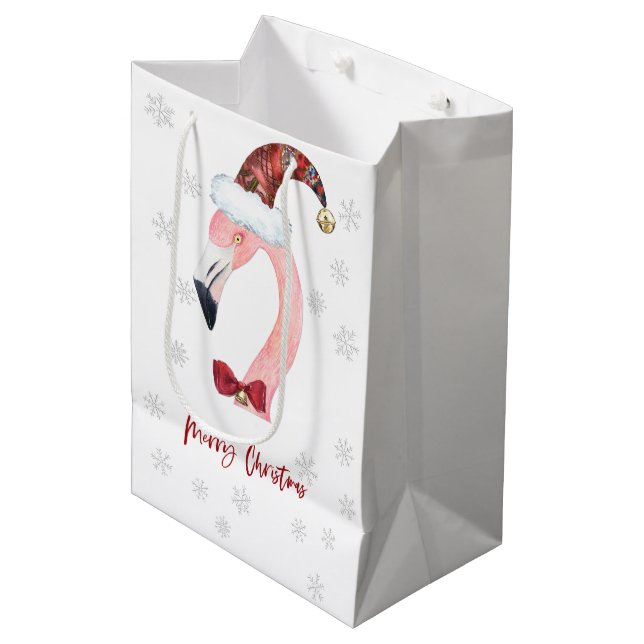 Modern Santa Flamingo Snowflake Christmas Medium Gift Bag (Front Angled)