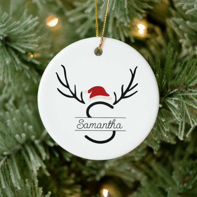Modern Santa Monogram Antler Christmas Custom Name Ceramic Ornament (Tree)