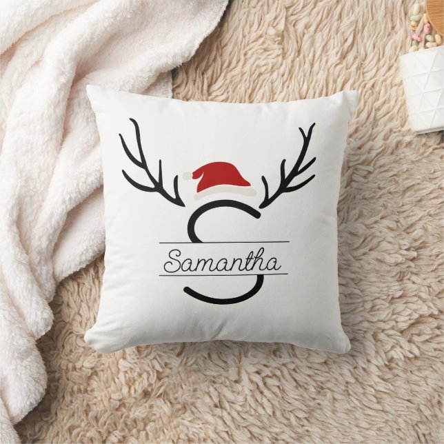 Modern Santa Monogram Antler Christmas Custom Name Cushion (Blanket)