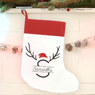 Modern Santa Monogram Antler Christmas Custom Name Small Christmas Stocking