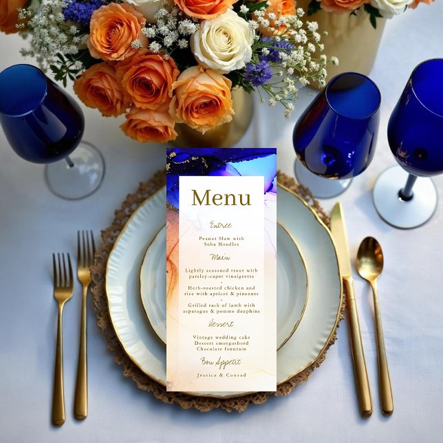 Modern Sapphire Blue and Orange Wedding Menu (Modern Sapphire Blue and Orange Wedding Menu.)