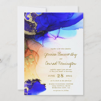 Modern Sapphire Blue Gold Orange Wedding Invitation