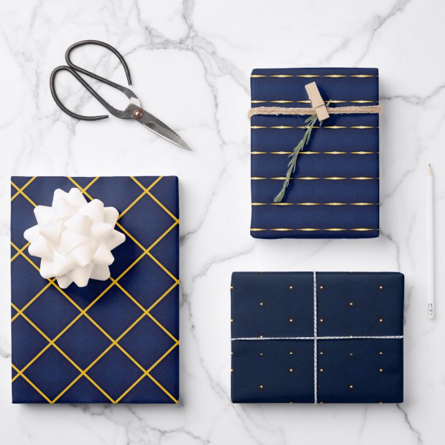 Modern Sapphire Collection Dark Indigo and Gold  Wrapping Paper Sheet (Front)