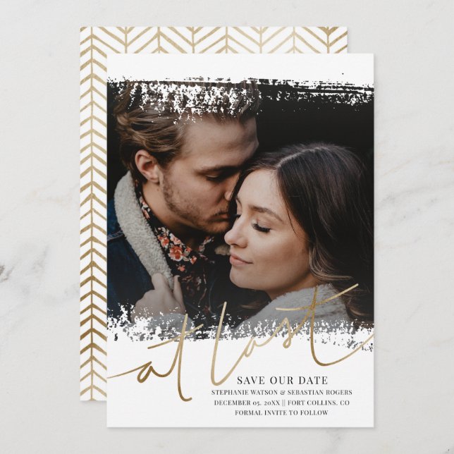 Modern Save Our Date Photo Gold & White  Invitation (Front/Back)