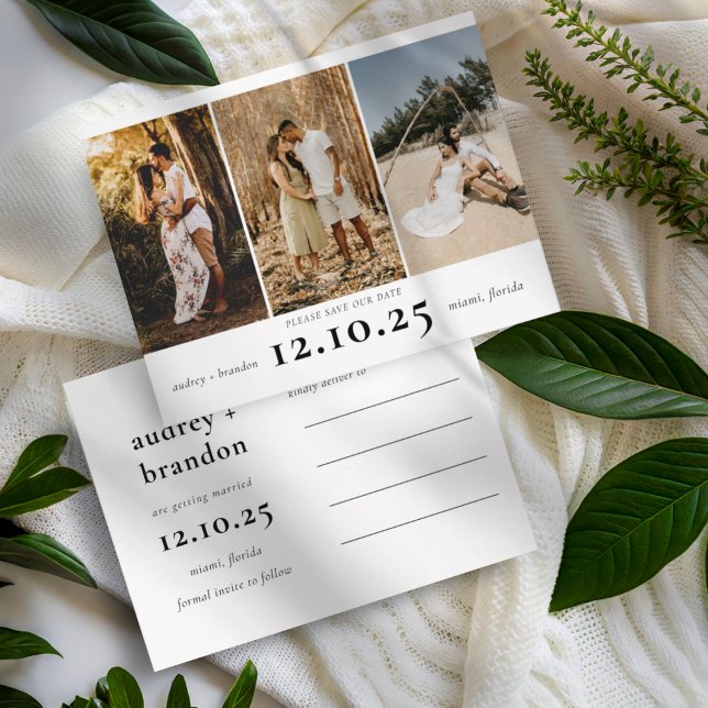 Modern Save the Date 3 Photo Collage Announcement Postcard (Creator Uploaded)