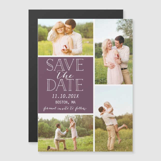 Modern Save The Date 4 Photo Classic PurpleCollage Magnetic Invitation (Front/Back)