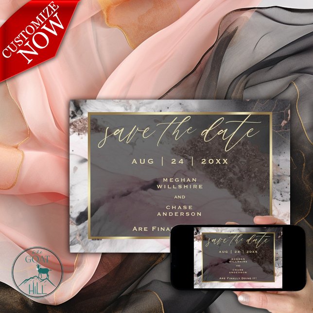 Modern Save the Date Abstract Rose Charcoal Gold Invitation (Easy to Personalize )