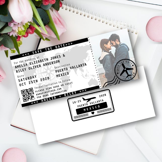 Modern Save the Date Boarding Pass Ticket Photo Invitation (Creator Uploaded)