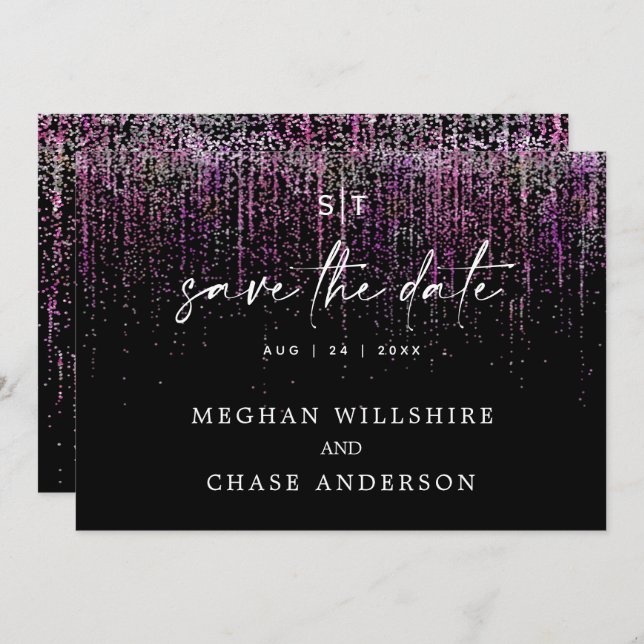 Modern Save the Date Edgy Magenta Glitter Invitation (Front/Back)