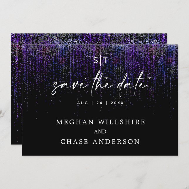 Modern Save the Date Edgy Purple Glitter Invitation (Front/Back)