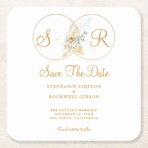 Modern Save the Date Elegant Gold Script Square Paper Coaster