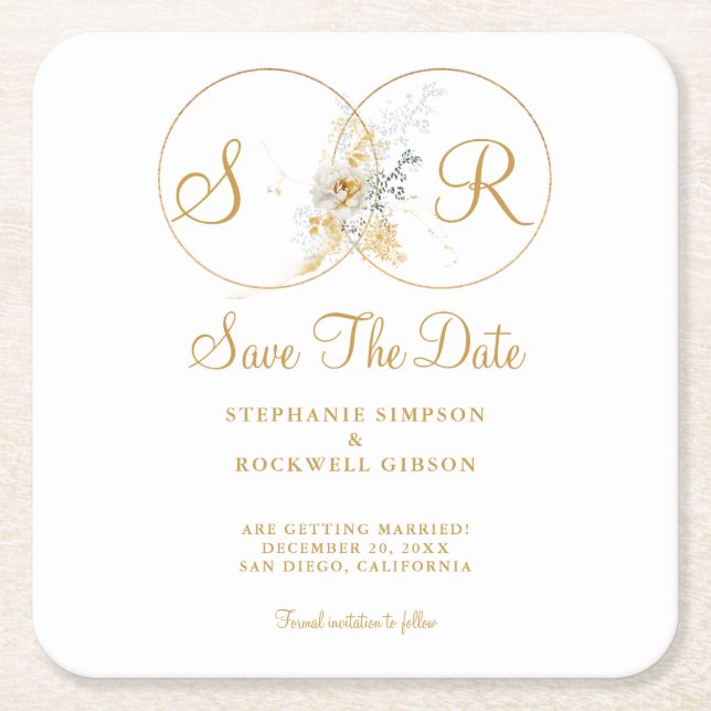 Modern Save the Date Elegant Gold Script Square Paper Coaster (Front)
