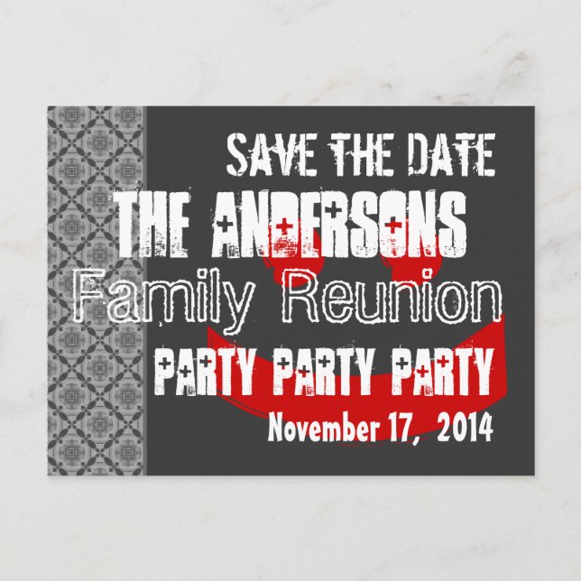 Modern Save the Date Family Reunion Red Black Announcement Postcard (Front)