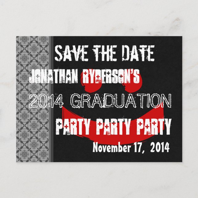 Modern Save the Date Graduation Party Red Black V2 Announcement Postcard (Front)