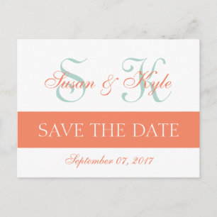 Modern Save the Date Mint Green Orange Monogram Announcement Postcard