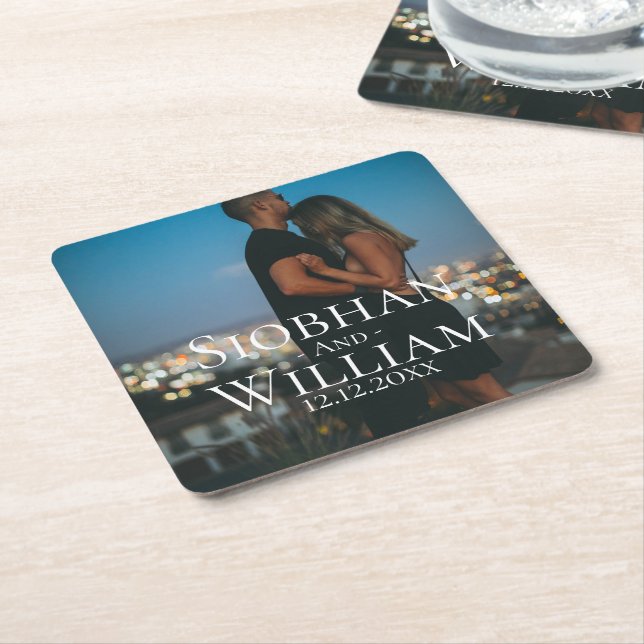 Modern Save The Date Personalised Photo Square Paper Coaster (Angled)