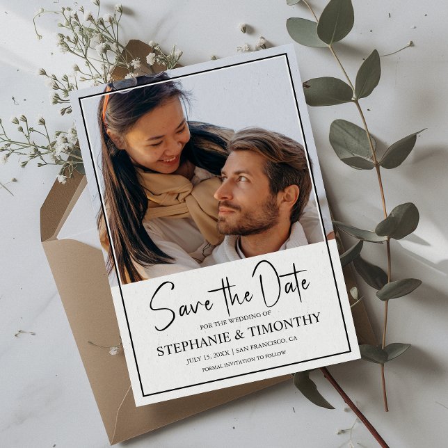 Modern Save The Date Photo Announcement Card (Save the date in style with our modern photo card—personalized, simple and unforgettable!)