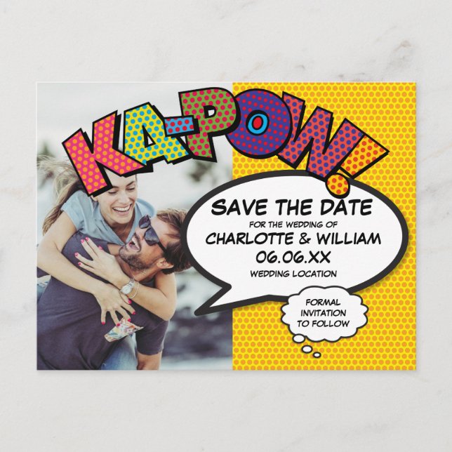 Modern Save the Date Photo Comic Book KAPOW Announcement Postcard (Front)