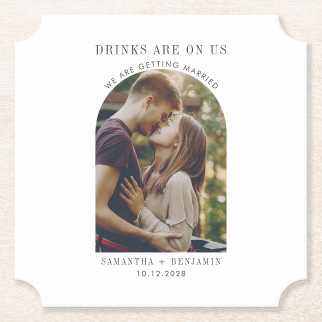 Modern Save the Date Photo Wedding Announcement Paper Coaster (Front)
