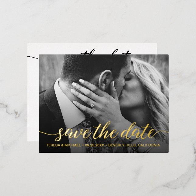 Modern  Save the date Photo Wedding Real Gold Foil Invitation Postcard (Front/Back)